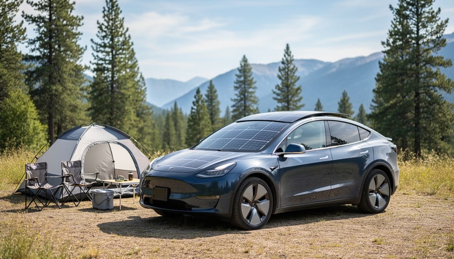 Electric vehicle with solar panels on roof parked at mountain overlook during sunset