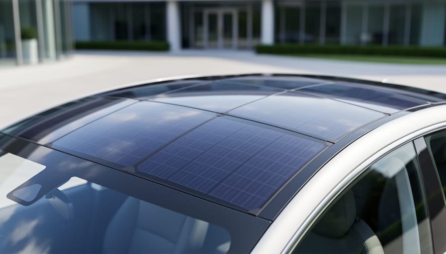 Close-up view of flexible solar panel with visible cells designed for vehicle installation