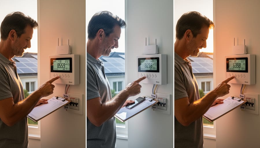Homeowner checking solar production meter during midday while comparing readings on smartphone