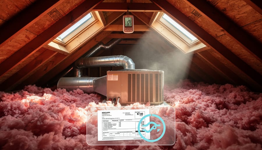 Interior view of hot residential attic with exposed rafters and poor ventilation