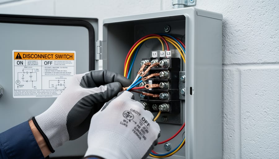 Electrician's hands making proper wire connections to solar disconnect terminals