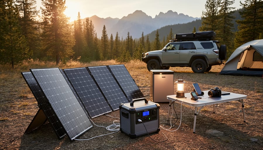Family camping setup with portable solar panels powering equipment at remote lakeside location