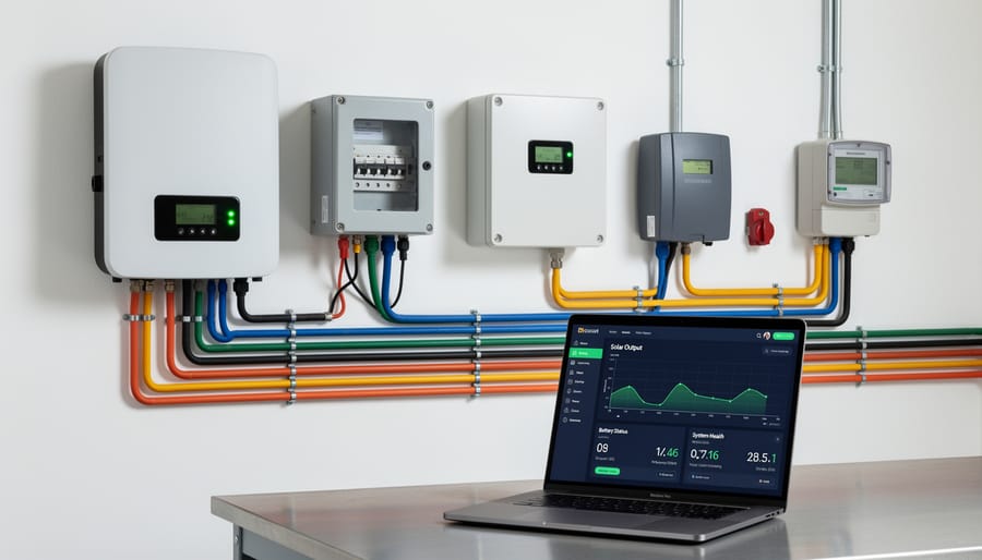 Organized solar equipment installation with inverter, charge controller and monitoring devices on wall