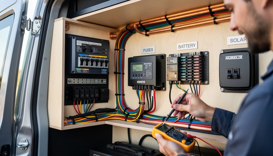 Well-organized camper van electrical panel showing charge controller, wiring, and safety components