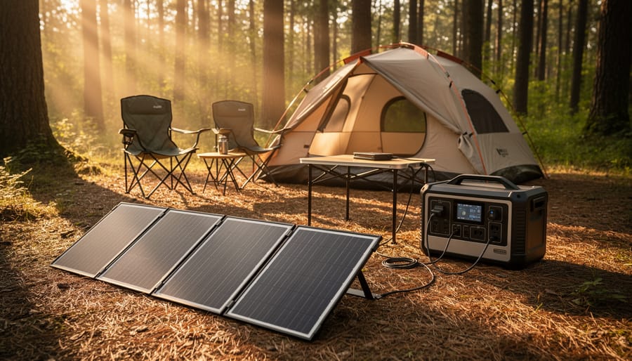 Portable solar panels set up next to camping tent in forest setting