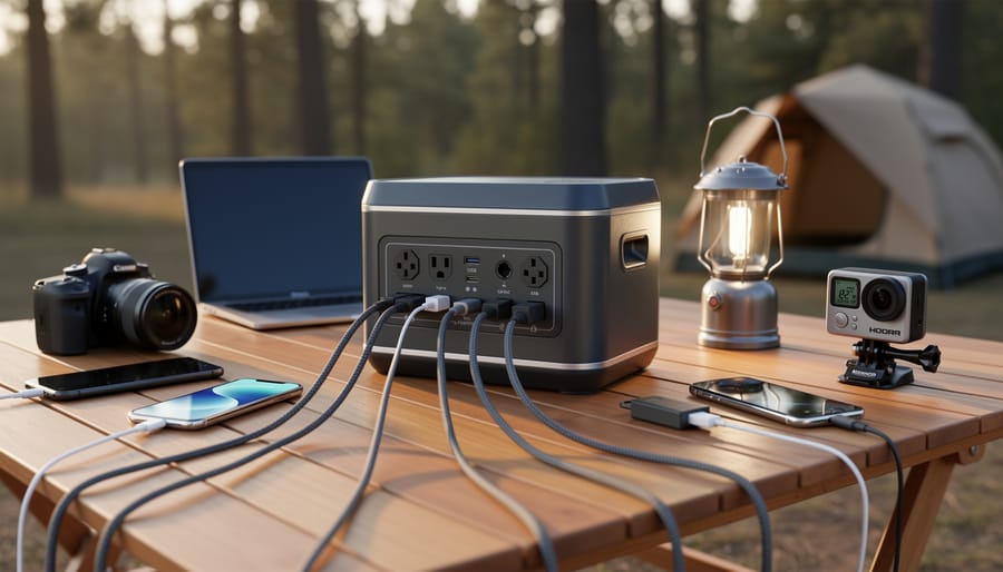 Portable solar power station with multiple devices charging via different ports