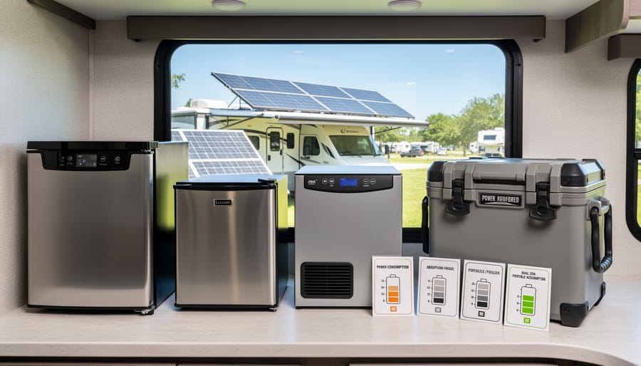 Compact mini fridge installed in RV kitchen cabinet with wooden cabinetry