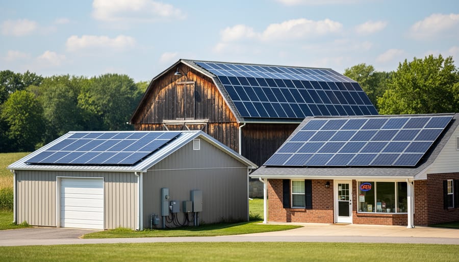 Small commercial workshop building with rooftop solar panel installation