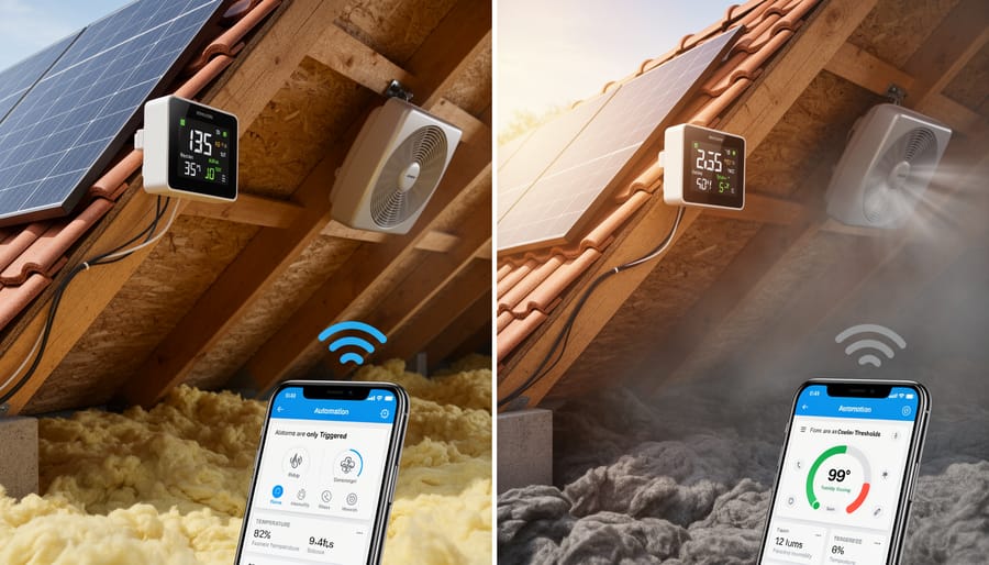 Smart temperature sensor installed on attic rafter for automated ventilation control