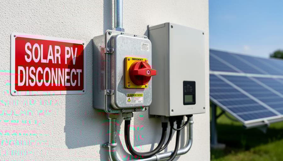 DC-rated solar disconnect switch with red handle mounted on exterior wall