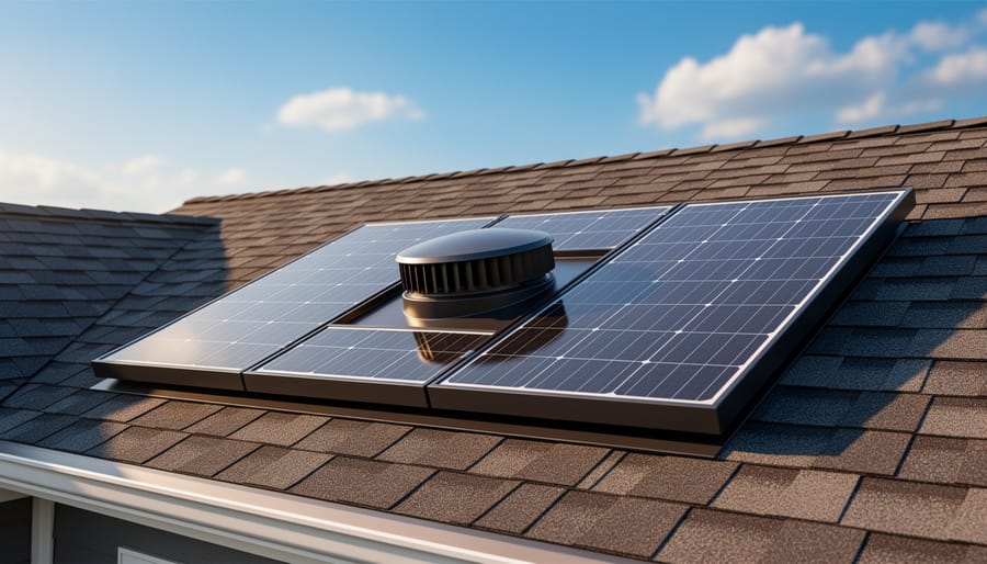 Solar-powered attic ventilation fan installed on residential roof with integrated solar panel