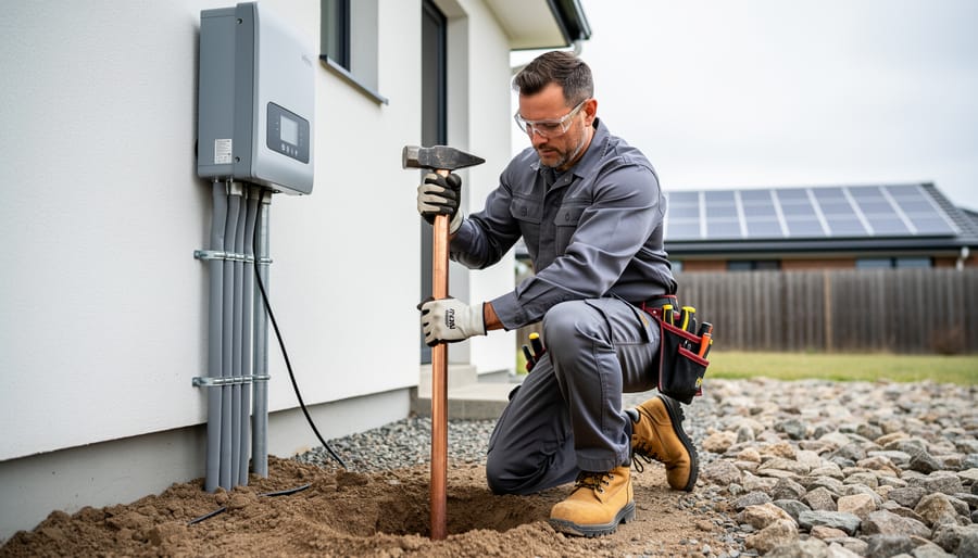 Low-angle ground-level view of a technician hammering an 8-foot copper-clad steel grounding rod beside a wall-mounted solar inverter, with copper grounding wire and clamp nearby and residential solar panels blurred in the background under bright overcast light.