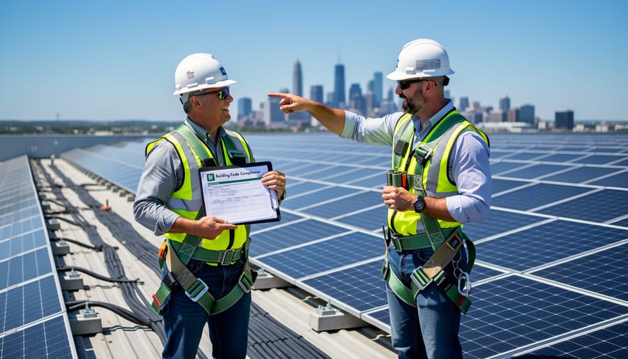 Building inspector reviewing commercial solar installation electrical components on rooftop