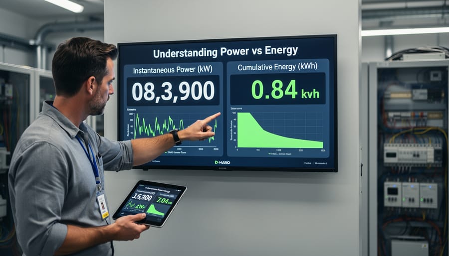 Close-up of solar meter display showing kW and kWh readings with homeowner pointing