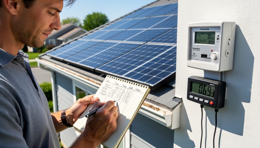 Handwritten solar production log notebook next to digital meter for tracking system performance