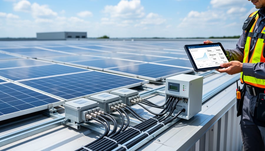 Solar panel array with monitoring equipment mounted on residential rooftop