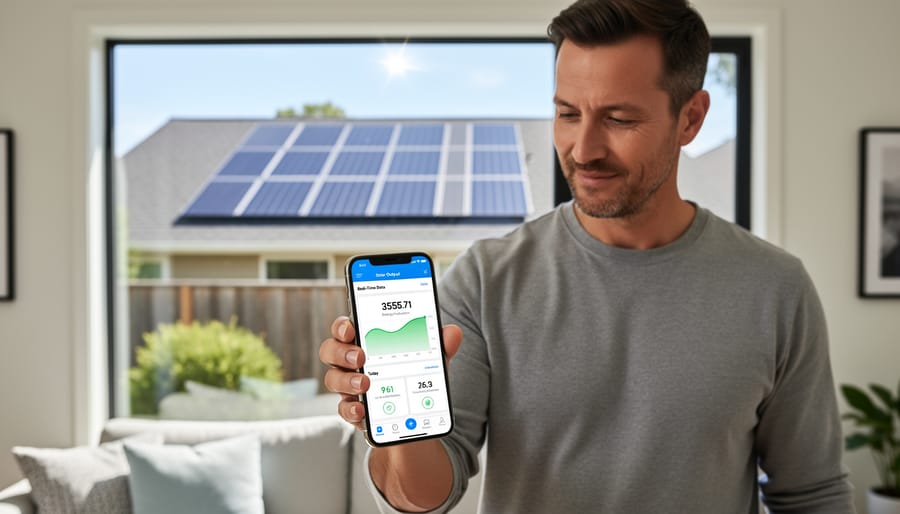 Person checking solar system performance on smartphone app in front of battery storage