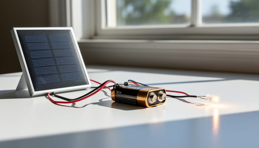 Hands holding solar panel connected to 9V rechargeable battery in outdoor setting