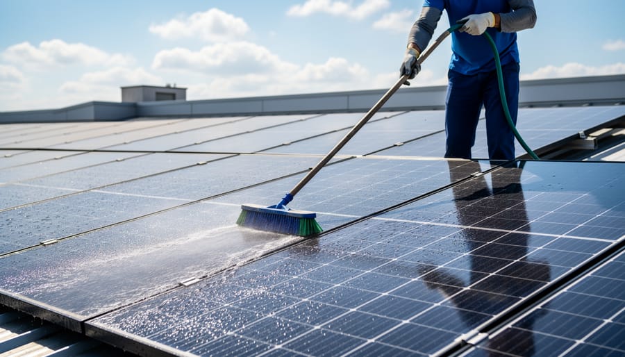 Person cleaning solar panel with cloth while fountain operates in background