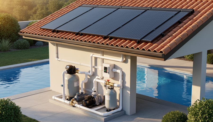 Residential rooftop solar pool heating panels above a backyard pool, showing large PVC lines from the filter and motorized three-way diverter valve to the roof collectors with check valves at the highest point, photographed in warm evening light.