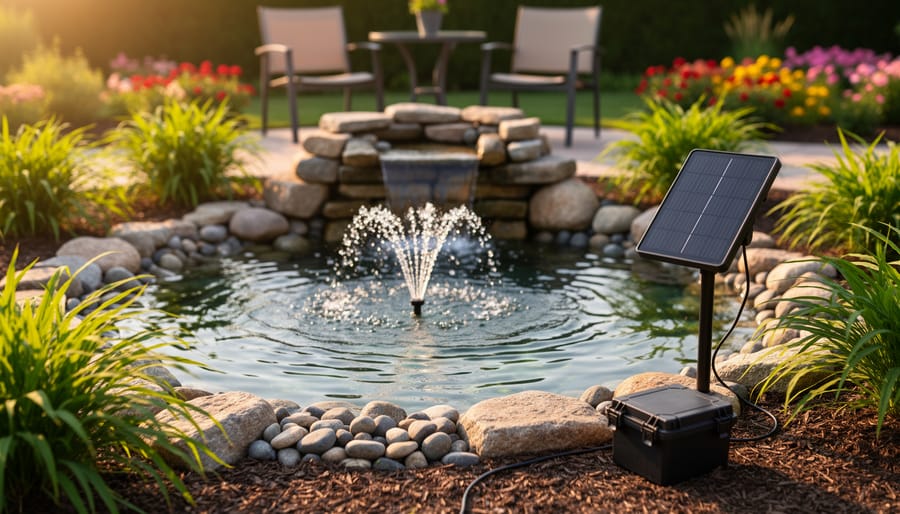 Solar panel on a stake powering a small pond fountain and stone waterfall in a backyard garden at golden hour, with cable to a weatherproof battery box and softly blurred patio and flowers in the background.