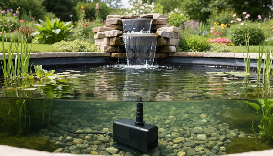 Submersible water pump installed in clear pond water with rocks and aquatic plants