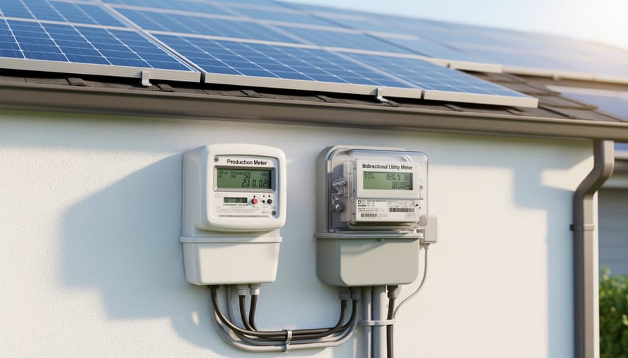 Two types of solar meters mounted on residential home exterior wall