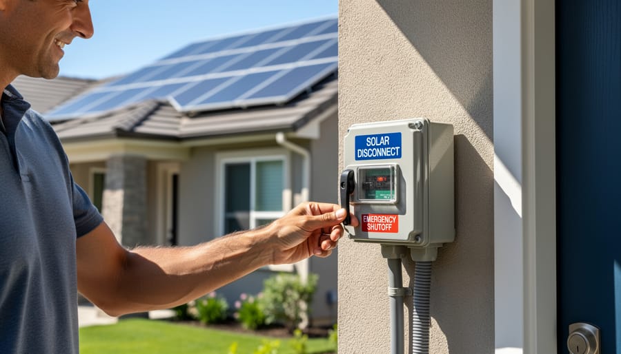 Person operating solar disconnect switch mounted on off-grid cabin exterior