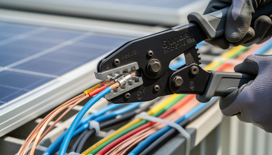 Close-up of ratcheting wire crimper tool crimping insulated terminal onto copper wire