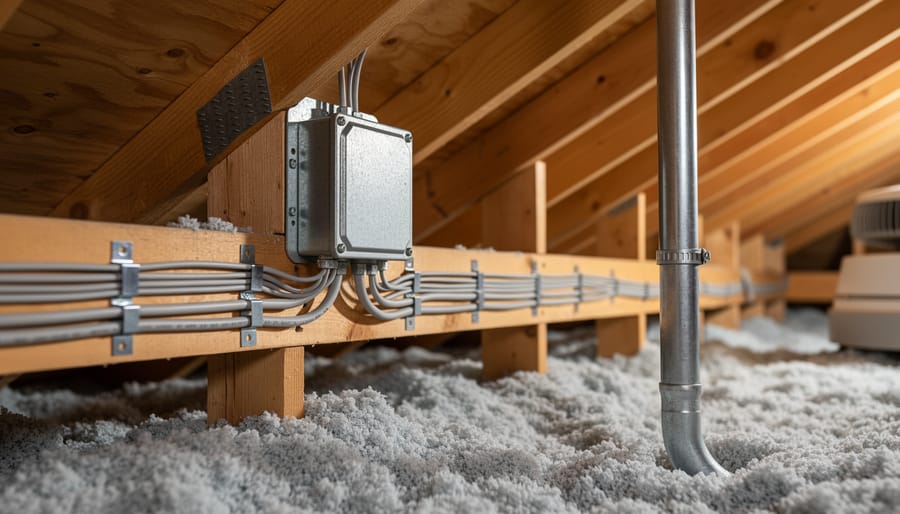 Attic interior with NM cable stapled along joists, a metal junction box above blown-in insulation, protective nail plates on framing, and a metal conduit from the roof for solar equipment, with rafters and a solar attic fan housing in the background.
