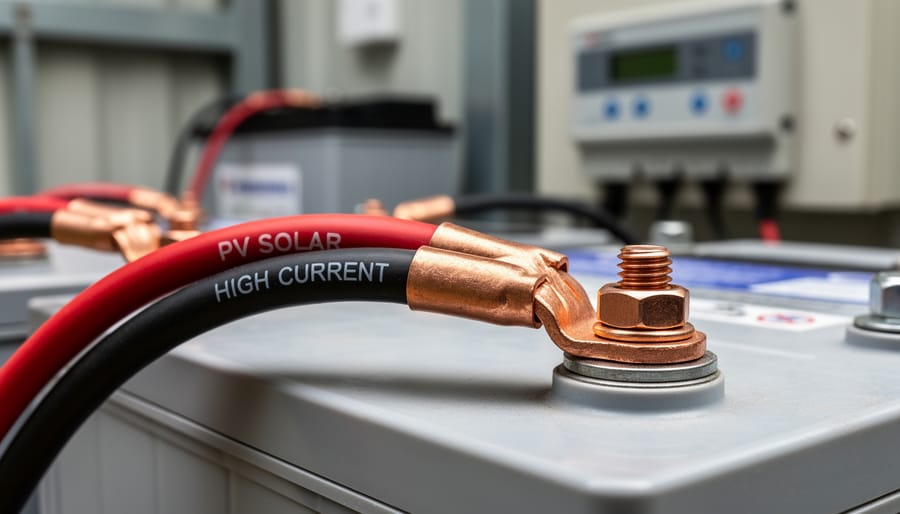 Properly crimped ring terminal on battery cable near solar battery connections