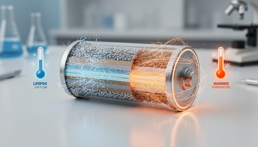 Close-up cross-section of lithium battery cell showing internal layers
