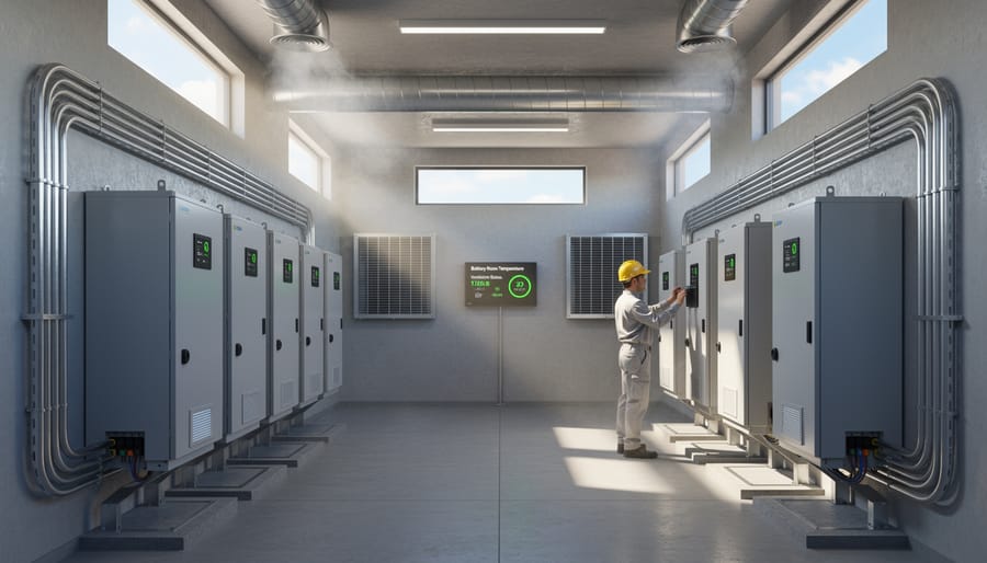 Ventilated battery enclosure properly positioned in shaded outdoor solar installation