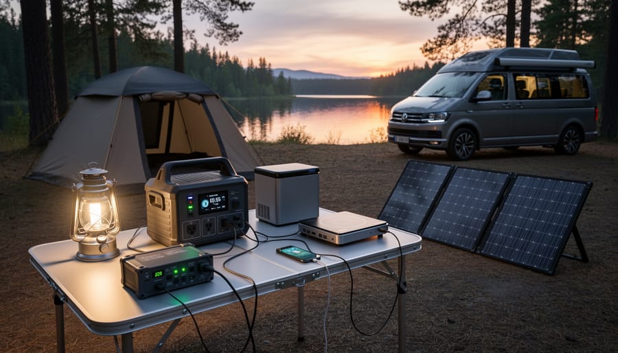 Camping lights and refrigerator powered by solar system at dusk