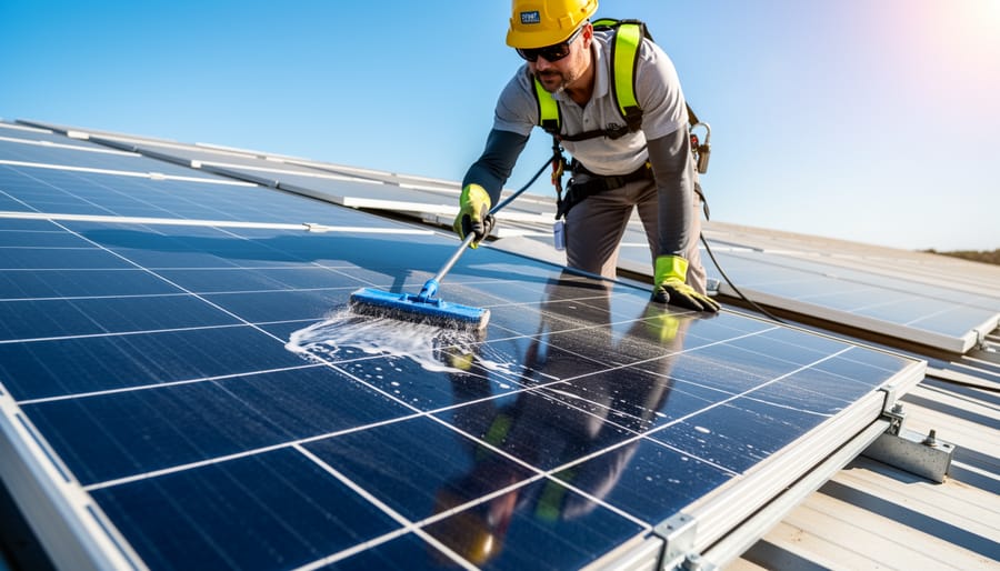 Hand cleaning solar panel on inground light with cloth