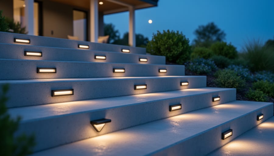 Ground-level dusk view of concrete steps lit by warm solar LED riser lights with a corner wedge fixture, leading to a modern porch with subtle landscaping in the background.
