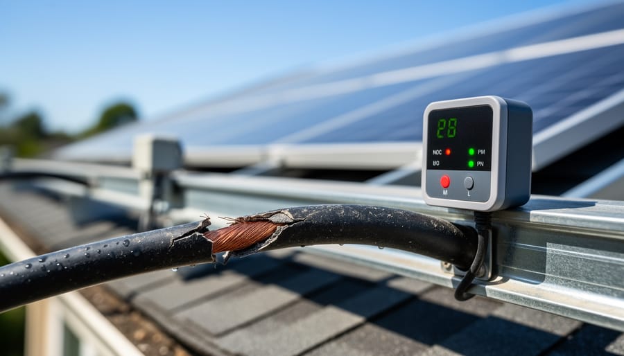 Close-up of damaged solar cable showing exposed copper wires and cracked insulation