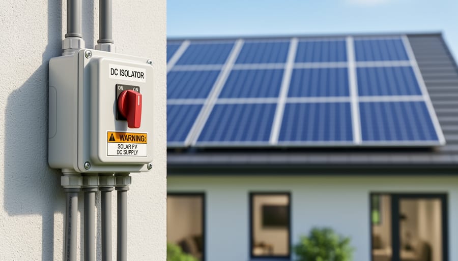 DC isolator switch mounted on exterior wall near solar panel installation