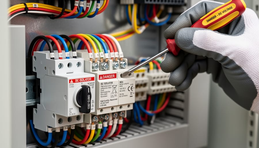 Electrician making proper wire connections to DC isolator switch terminals