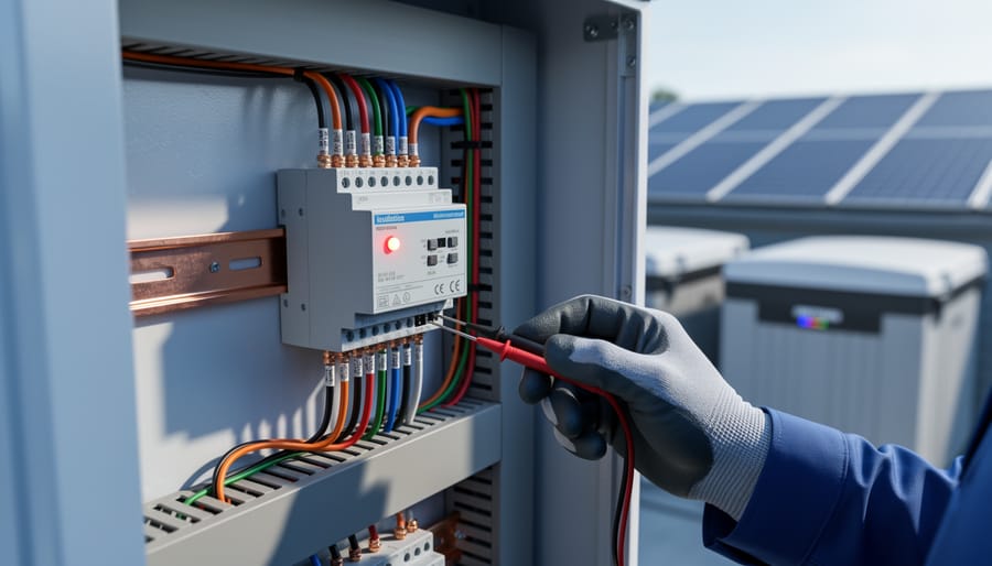 Gloved technician using multimeter probes at a DC solar control panel with an insulation monitoring device, with rooftop solar panels and a battery bank softly blurred in the background.