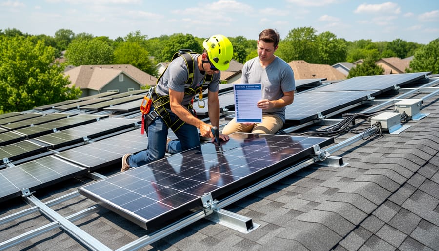 Person installing solar panel on residential roof with safety equipment and proper mounting hardware