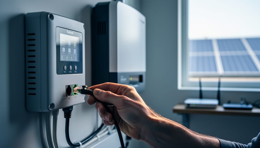 Hand unplugging an Ethernet cable from a wall-mounted solar charge controller next to an inverter in a utility room, with soft daylight and a blurred background showing rooftop panels through a window and a separate router shelf.