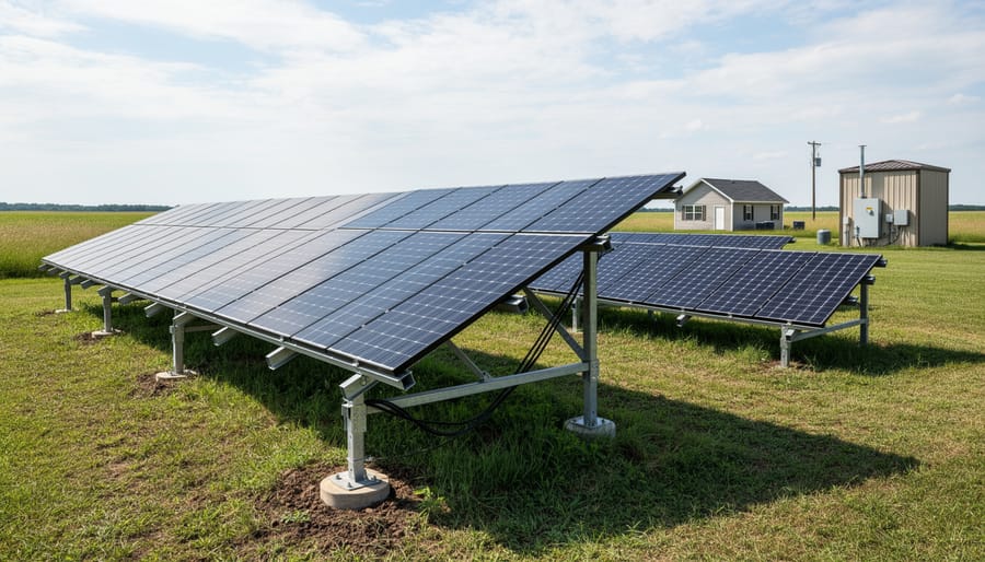 Solar panels installed on residential roof with visible mounting rails and brackets