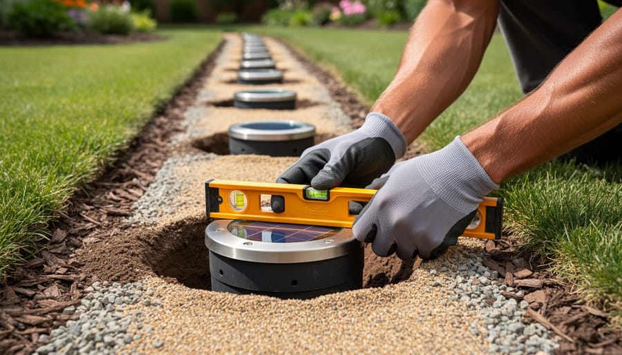 Hands installing solar inground light into prepared hole in garden