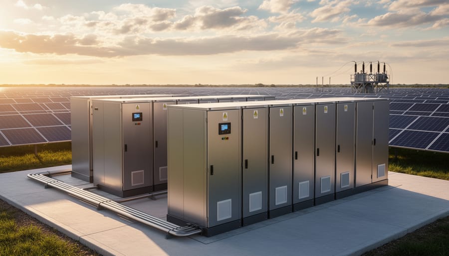 Close-up of lithium battery bank used in solar microgrid energy storage