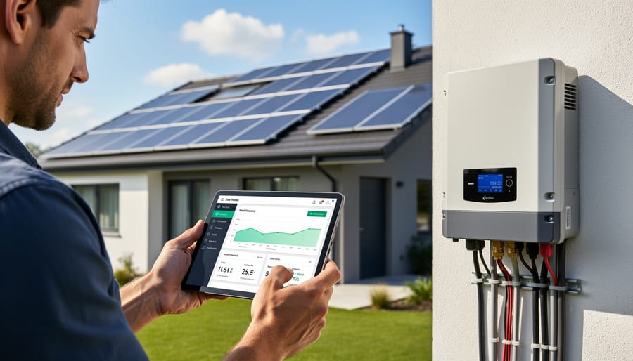 Homeowner checking solar system performance on tablet with solar panels on roof in background