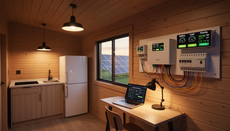 Off-grid cabin interior with solar-powered lighting and appliances