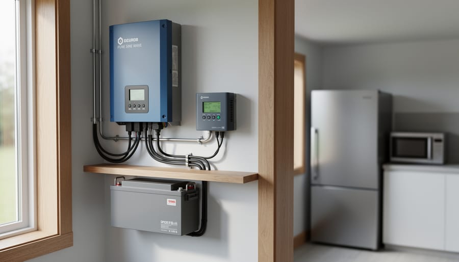 Off-grid utility room with a wall-mounted pure sine wave inverter, charge controller, and lithium battery bank in sharp focus, softly lit by side daylight, with a blurred kitchen showing a refrigerator and microwave in the background.