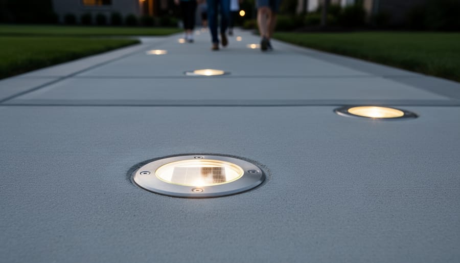 Person installing recessed solar light fixture into concrete step