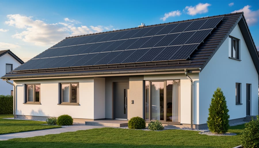 Blue solar panels mounted on residential roof with clear sky background